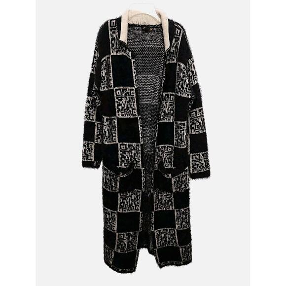 Baciano Open Cardigan Sweater Coat XL Black Fuzzy Geometric Boho Patchwork - Picture 1 of 13